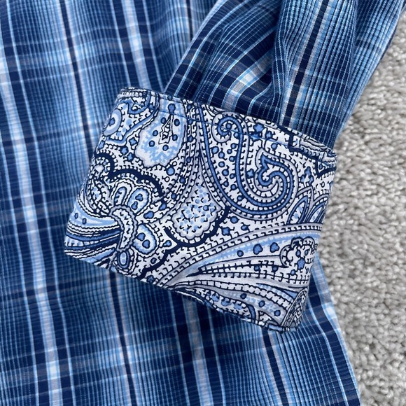 Panhandle Shirt Mens Medium Blue Plaid Western Pearl Snap Cowboy Rough Stock - Picture 10 of 12